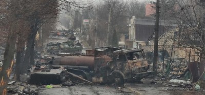 Čia tai, kas liko i&scaron; Rusijos tankų ir sunkiosios artilerijos, kuri trečią karo dieną įvažiavo į Bučą ir buvo sunaikinta