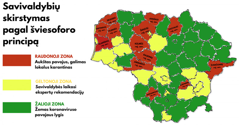 Savivaldybės pagal sergamumą koronavirusu skirstomos į šviesoforo spalvų zonas